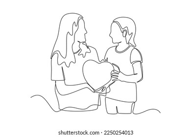 Continuous one line drawing Happy mother and daughter holding love. Raising teens concept. Single line draw design vector graphic illustration.