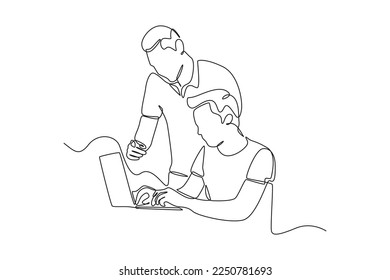 Continuous one line drawing Happy father shows how to use a laptop to his son. Raising teens concept. Single line draw design vector graphic illustration.