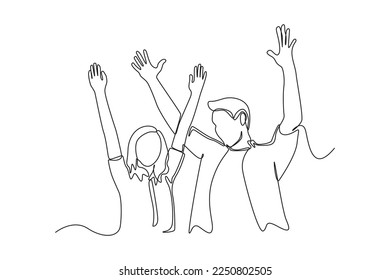 Continuous one line drawing Happy father and daughter rising hand up . Raising teens concept. Single line draw design vector graphic illustration.