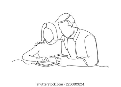 Continuous one line drawing Happy father teaches her daughter studying. Raising teens concept. Single line draw design vector graphic illustration.