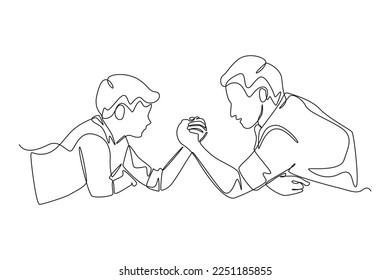 Continuous one line drawing happy father and son competing in arm wrestling. Rising teens concept. Single line draw design vector graphic illustration.