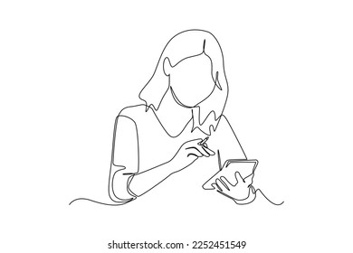 Continuous one line drawing happy woman calculating utilities expense with calculator and analyzing her spendings. Budget planner concept. Single line draw design vector graphic illustration.