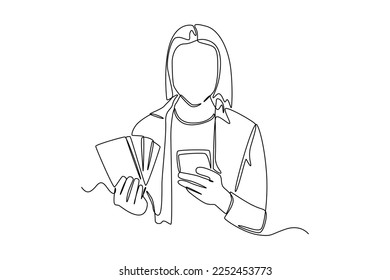 Continuous one line drawing happy woman holding money and counting her money with calculator. Budget planner concept. Single line draw design vector graphic illustration.