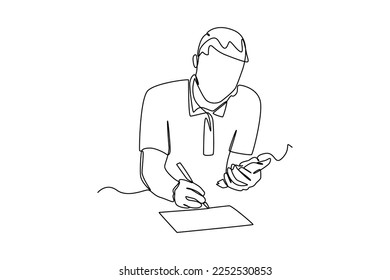 Continuous one line drawing happy man makes budget planner with calculator. Budget planning concept. Single line draw design vector graphic illustration.