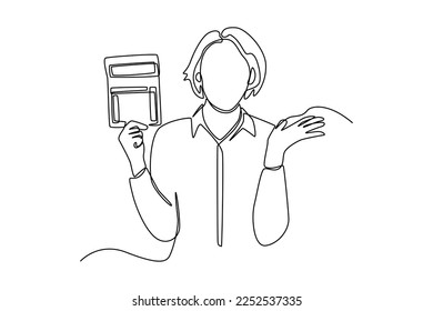 Continuous one line drawing happy businesswoman holds calculator. Budget planning concept. Single line draw design vector graphic illustration.