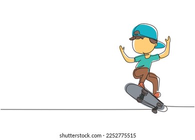 Continuo dibujo de una línea feliz sonriente niño jugando en patineta. Los niños acelerando saltando. Niños en paseo en patinaje en el parque infantil. ilustración vectorial de diseño de línea única