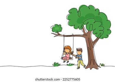 Continuous one line drawing happy boys and girls playing on tree swing. Cheerful kids on swinging under a tree. Cute children playing in playground. Single line draw design vector graphic illustration