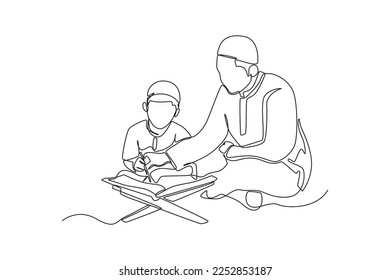 Continuous one line drawing happy father teaching Quran to his son in the month of Ramadan. Ramadan activity concept. Single line draw design vector graphic illustration.