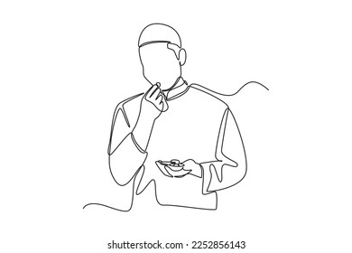 Continuous one line drawing happy muslim man breaking fast with dates in the month of Ramadan. Ramadan activity concept. Single line draw design vector graphic illustration.
