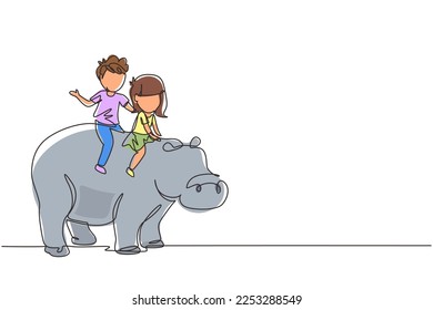Continuous one line drawing happy little boy and girl riding hippo together. Children sitting on back hippopotamus in zoo. Kids learning to ride hippopotamus. Single line draw design vector graphic