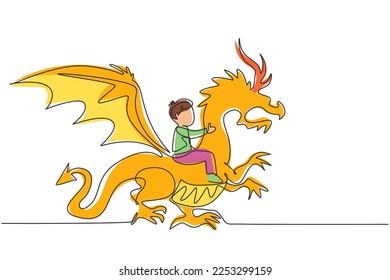 Continuous one line drawing happy little boy flying with fantasy dragon. Child fly and sitting on back dragon at the sky. Kids imaginary fairytale. Single line draw design vector graphic illustration