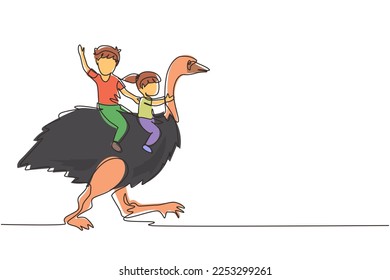 Continuous one line drawing happy little boy and girl riding cute ostrich together. Children sitting on back ostrich with holding its neck. Kid learning to ride ostrich. Single line draw design vector
