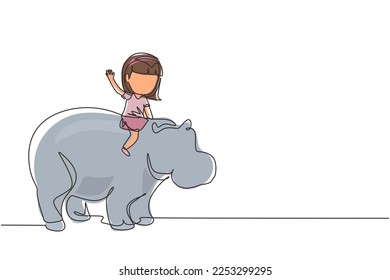 Una línea continua dibujando feliz niña pequeña montando un fuerte hipopótamo. Niño sentado en un hipopótamo en el zoo. Niños aprendiendo a montar hipopótamo. ilustración vectorial de diseño de línea única