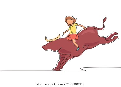 Continuous one line drawing happy cute kid girl riding bull. Child sitting on back bull with saddle in cowboy ranch. Kids learning to ride bull. Single line draw design vector graphic illustration