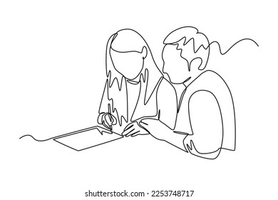 Continuous one line drawing happy couple discussing wedding event plans. Event planner concept. Single line draw design vector graphic illustration.