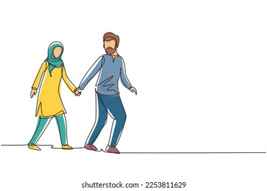 Continuous one line drawing happy Arabian man pulled woman hand. Romantic couple walking on romantic honeymoon promenade holiday. Couple summer vacation. Single line design vector graphic illustration