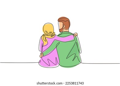 Continuous one line drawing happy Arab family. Couple relationship in love. Man hugging his partner woman. Intimacy celebrates wedding anniversary. Single line draw design vector graphic illustration