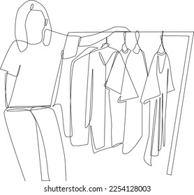 Continuous one line drawing happy salesgirl offering stylish clothes to customer. Clothing concept. Single line draw design vector graphic illustration.