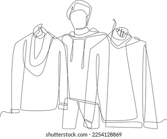 Continuous one line drawing happy salesboy offering stylish clothes to customer. Clothing concept.  Single line draw design vector graphic illustration.