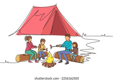 Continuous one line drawing happy family sit by campfire. Cheerful tourists, campers. Mom dad and kids roast sausage. Night camping adventure trip. Single line draw design vector graphic illustration