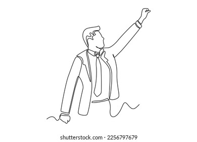 Continuous one line drawing happy office worker with his hands up. Personal growth concept. Single line draw design vector graphic illustration.