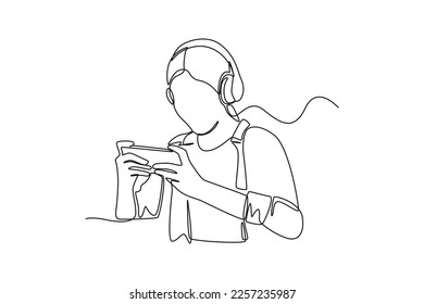 Continuous one line drawing happy female using headset playing online video game on his smartphone. E-sports game concept. Single line draw design vector graphic illustration.