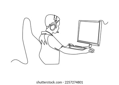 Continuous one line drawing happy boy wearing headset playing online video game on his computer. E-sports game concept. Single line draw design vector graphic illustration.