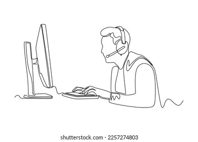 Continuo dibujo de una línea niño feliz usando auriculares jugando videojuegos en línea en su computadora. Concepto de juego e-sports. Ilustración gráfica vectorial de diseño de líneas simples.