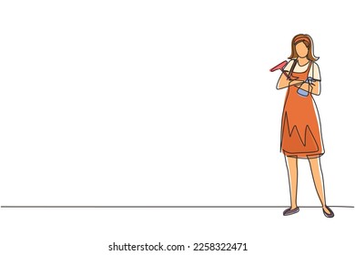 Continuous one line drawing happy woman cleaning worker posing and holding cleaning tool. Cleaning service with cool pose. People enjoying working in cleaning services. Single line draw design vector