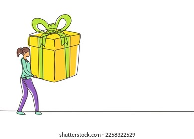 Continuous one line drawing happy woman carrying a big present box. The creative idea of earning a reward, gift, or prize. Concept of celebration. Single line draw design vector graphic illustration