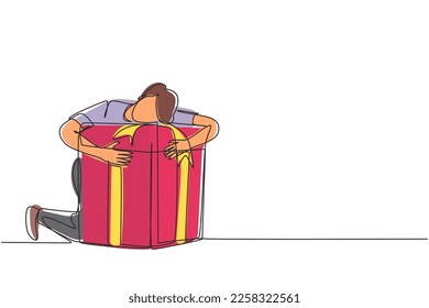 Continuous one line drawing happy man hugging present box with love. Male holding tightly in his arms cute gift box with bow. Present, gift, birthday, party concept. Single line draw design vector