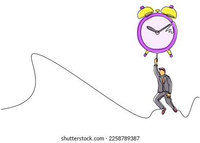 Continuous one line drawing happy businessman, manager or employee flying with big balloon alarm clock and hold rope. Time management business metaphor. Single line draw design vector illustration