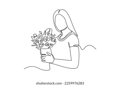 Continuous one line drawing happy woman holding bucket of flower. Spring concept. Single line draw design vector graphic illustration.