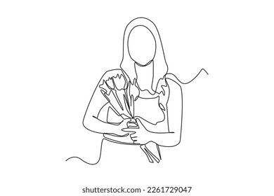 Una línea contínua dibujando a una feliz mujer de belleza sosteniendo un ramo de flores. Concepto de primavera. Ilustración gráfica vectorial de diseño de líneas simples.