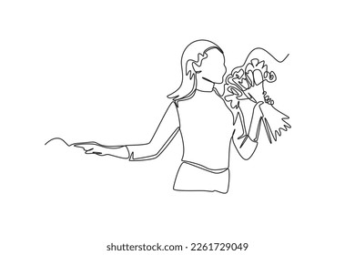 Una línea contínua dibujando a una feliz mujer de belleza sosteniendo un ramo de flores. Concepto de primavera. Ilustración gráfica vectorial de diseño de líneas simples.