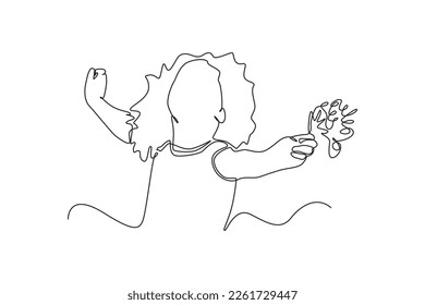 Dibujo continuo de una línea feliz niña pequeña sostiene un ramo de flores. Concepto de primavera. Ilustración gráfica vectorial de diseño de líneas simples.