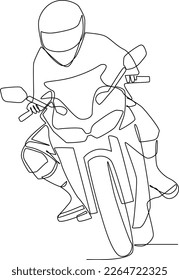 Continuous one line drawing happy man riding motorbike on the road using helmet. Safety ride concept. Single line draw design vector graphic illustration.