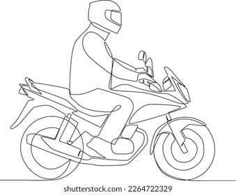 Continuous one line drawing happy man riding motorbike on the road using helmet. Safety ride concept. Single line draw design vector graphic illustration.