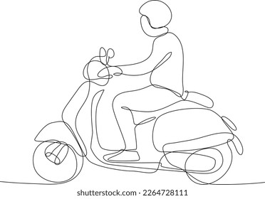 Continuous one line drawing happy man riding vintage motorcycle on the road using helmet. Safety ride concept. Single line draw design vector graphic illustration.