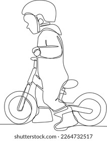Continuous one line drawing happy cute little kid boy riding bicycle. Safety ride concept. Single line draw design vector graphic illustration.