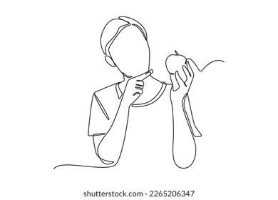 Continuous one line drawing happy boy eats apple fruit. Healthcare at home concept. Single line draw design vector graphic illustration.