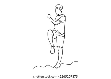 Continuo dibujo de una línea niño feliz haciendo ejercicio en casa. El concepto de salud en casa. Ilustración gráfica vectorial de diseño de líneas simples.