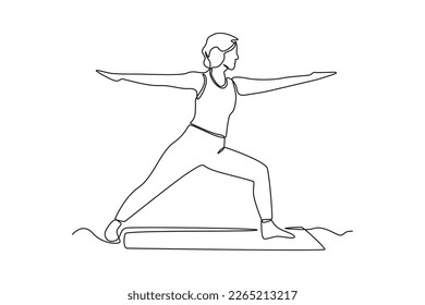 Continuous one line drawing happy woman yoga at home. Healthcare at home concept. Single line draw design vector graphic illustration.