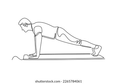Continuous one line drawing happy boy exercising in the morning. Healthcare at home concept. Single line draw design vector graphic illustration.