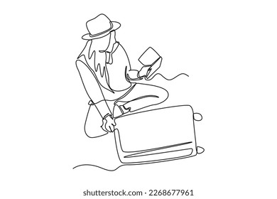 Una línea continua dibujando feliz mujer lista de equipos de verificación para viajar. Concepto de experiencia de viaje. Ilustración gráfica vectorial de diseño de líneas simples.