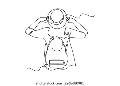 Continuous one line drawing happy woman traveling in full costume. Travel experience concept. Single line draw design vector graphic illustration.