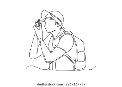 Kontinuierlich eine Linie zeichnen glücklichen Jungen ein Foto mit Smartphone. Reiseerlebniskonzept. Einzeilige Zeichnung, Vektorgrafik.
