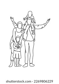 Continuous one line drawing of happy family. Vector illustration.