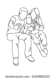 Continuous one line drawing of happy family. Vector illustration.