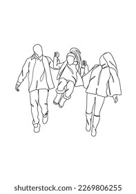 Continuous one line drawing of happy family. Vector illustration.